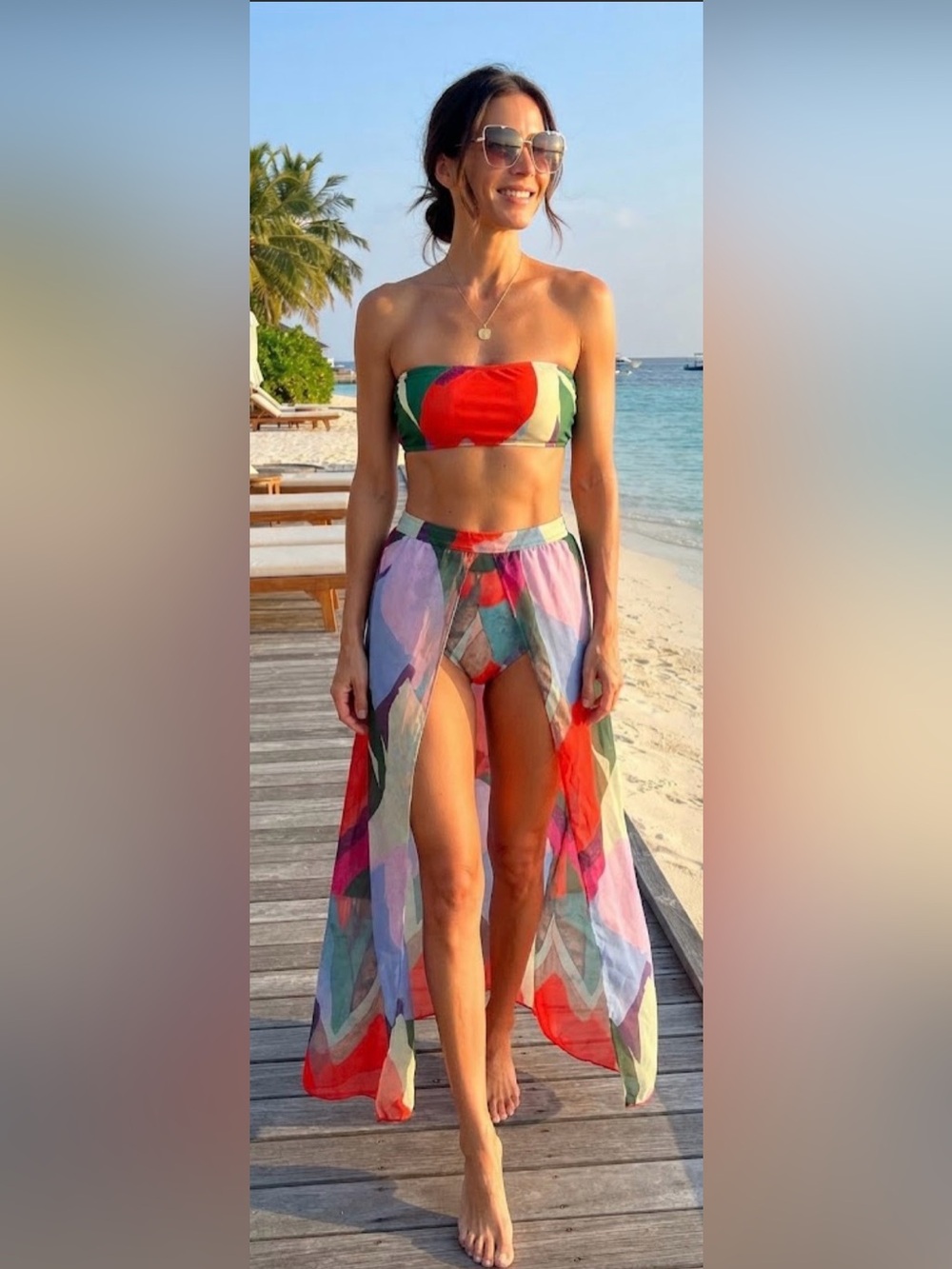 Women’s Colorful Abstract Print Bikini Set w/ Sheer Cover Up